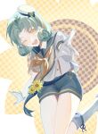  1girl blue_sailor_collar blue_shorts cowboy_shot flower gloves green_hair hat hayamachi highres idolmaster idolmaster_million_live! leg_up looking_at_viewer neckerchief one_eye_closed open_mouth orange_eyes orange_neckerchief outstretched_arm sailor_collar sailor_hat sailor_shirt shirt short_sleeves shorts smile solo standing sunflower tokugawa_matsuri white_gloves white_shirt 
