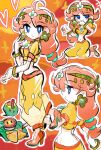  1girl absurdres blue_eyes brown_hair earrings flower_earrings hair_ornament harem_pants highres jewelry long_hair mario_(series) mario_kart mario_kart_world midriff multiple_views orange_background orange_shoes pants princess_daisy princess_daisy_(oasis) rakugaki_shitagari-ya shoes 