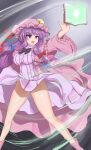  1girl bare_legs book breasts casting_spell crescent crescent_hat_ornament dress hat hat_ornament highres large_breasts long_hair magic mob_cap namiki_(remiter00) open_mouth patchouli_knowledge purple_eyes purple_hair solo striped_clothes striped_dress thighs touhou wind wind_lift 