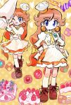  1girl absurdres apron blue_eyes brown_hair brown_shoes cake cake_slice chef_hat cosplay food fruit hat highres holding holding_pastry_bag long_hair mario_(series) multiple_views one_eye_closed open_mouth orange_background orange_skirt pastry_bag patissiere_peach princess_daisy princess_peach princess_peach:_showtime! princess_peach_(cosplay) rakugaki_shitagari-ya shoes skirt smile socks strawberry white_apron white_socks 