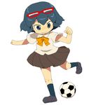  bad_id bad_pixiv_id ball blue_eyes blue_hair eyewear_on_head glasses inazuma_eleven inazuma_eleven_(series) kicking mousou_youjo otonashi_haruna red-framed_eyewear school_uniform soccer_ball solo telstar 