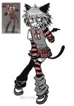  1boy animal_ears arm_warmers bandaid bandaid_on_face bandaid_on_leg cat_boy cat_ears cat_tail chinese_commentary commentary_request crossdressing ear_piercing eyepatch full_body glasses grey_vest hand_up highres kemonomimi_mode leg_warmers looking_at_viewer male_focus medical_eyepatch mini_wings noecho piercing pigeon-toed randal&#039;s_friends randal_ivory red_skirt red_socks red_theme reference_inset short_hair simple_background skirt socks striped_clothes striped_thighhighs tail thighhighs v vest white_background wings 
