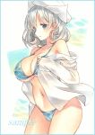  1girl aqua_border bikini blue_bikini blue_eyes border breasts cleavage closed_mouth commentary_request cowboy_shot from_side grey_hair hand_up large_breasts letty_whiterock long_sleeves looking_at_viewer looking_to_the_side marker_(medium) medium_hair navel shirt shirt_partially_removed solo standing stomach swimsuit touhou traditional_media watasakura white_shirt 