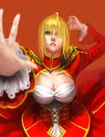  absurdres ahoge bad_id bad_pixiv_id blonde_hair blurry breasts cleavage cmy depth_of_field detached_sleeves dress epaulettes face fate/extra fate_(series) foreshortening green_eyes hair_ribbon hands highres large_breasts lips nero_claudius_(fate) nero_claudius_(fate)_(all) outstretched_hand realistic ribbon simple_background solo 