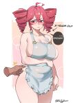  1girl ^^^ absurdres ahoge apron arm_under_breasts arrow_(symbol) blush border breasts character_age closed_mouth commentary cowboy_shot crossed_bangs disembodied_hand drill_hair embarrassed english_commentary english_text frilled_apron frills hair_between_eyes highres kasane_teto large_breasts legs_together looking_down naked_apron outside_border pinching plump red_eyes red_hair sin_(sintrybest) small_sweatdrop solo_focus speech_bubble standing twin_drills twitter_username utau white_apron white_border 