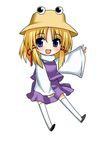  asahana_jun blonde_hair blue_eyes chibi hat moriya_suwako simple_background smile solo touhou 