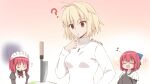  3girls ? ahoge apron arcueid_brunestud blonde_hair blue_bow bow confused food frilled_apron frills hair_between_eyes hair_bow hair_intakes highres hisui_(tsukihime) japanese_clothes jewelry kimono kitchen_knife knife kohaku_(tsukihime) maid maid_apron maid_headdress multiple_girls musical_note necklace pink_hair red_eyes sad shiki1990 short_hair siblings sisters smile sweat sweater tsukihime tsukihime_(remake) turtleneck turtleneck_sweater twins vegetable white_sweater 