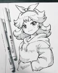  1girl artist_name bow earrings flower_earrings hair_bow hand_in_pocket highres hood hoodie jewelry long_hair mario_(series) marker_(medium) nonoworks photo_(medium) princess_daisy signature smile traditional_media 