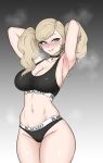  1girl absurdres armpits arms_up black_choker black_panties black_sports_bra blacked_(phrase) blonde_hair blue_eyes blush breasts choker cleavage commission commissioner_upload cowboy_shot daruko536 earrings gradient_background grey_background grin highres hoop_earrings jewelry large_breasts large_variant_set long_hair navel panties persona persona_5 queen_of_spades_symbol smile solo spade_(shape) sports_bra stomach takamaki_anne textless_version twintails underwear variant_set 