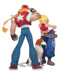  1boy 1girl baseball_cap blonde_hair blue_eyes blue_mary commentary crop_top denim dog english_commentary fatal_fury fatal_fury_cap fingerless_gloves fl_(l-fl) gloves hat highres jeans long_hair midriff pants ponytail short_hair simple_background sleeveless terry_bogard white_background 