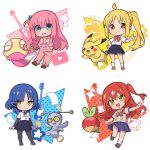  4girls :3 absurdres ahoge alternate_color applin aqua_eyes arrow_(symbol) bass_guitar black_pantyhose black_ribbon blonde_hair blue_hair blue_skirt blush bocchi_the_rock! bow brown_shoes chibi closed_eyes closed_mouth coin collared_shirt commentary_request crossover cube_hair_ornament dot_nose drum drumsticks dunsparce electric_guitar expressionless eyelashes fender_precision_bass flying_sweatdrops full_body gibson_les_paul gimmighoul gimmighoul_(roaming) gotoh_hitori green_eyes guitar hair_ornament hairclip hand_on_own_hip heart highres ijichi_nijika instrument jacket kessoku_band kita_ikuyo kuxiaopa long_hair long_sleeves mole mole_under_eye multiple_girls neck_ribbon notice_lines open_mouth orange_eyes outstretched_arms pants pantyhose paper pikachu pink_hair pink_jacket pink_pants pink_track_suit pokemon pokemon_(creature) red_bow red_hair red_shoes ribbon school_uniform shiny_pokemon shirt shoes short_hair short_sleeves shuka_high_school_uniform side_ponytail sidelocks simple_background skirt smile socks spread_arms standing standing_on_one_leg sweatdrop thumbs_up track_jacket track_pants track_suit v white_background white_shirt white_socks yamada_ryo yellow_eyes youtube_logo 