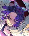  1girl absurdres benkeinazuna butterfly_hair_ornament clenched_teeth close-up hair_ornament hashtag-only_commentary highres kimetsu_no_yaiba kochou_shinobu looking_at_viewer portrait purple_eyes purple_hair solo tears teeth veins veiny_face wavy_hair 
