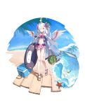  1girl absurdres ahoge arm_at_side azusa_(blue_archive) azusa_(swimsuit)_(blue_archive) bag bare_legs beach bead_necklace beads bikini bikini_skirt bird black_bikini black_bow blue_archive blue_sky bow bow_on_wing commentary crescent_halo crossed_bangs day feathered_wings flower food food-themed_hair_ornament food_print frilled_bikini frills fruit fruit_print full_body hair_between_eyes hair_flower hair_ornament halo hand_up highres holding holding_bag holding_swim_ring jewelry long_hair looking_at_viewer low_wings multicolored_bikini nammmmer navel necklace ocean official_alternate_costume official_alternate_hairstyle one_eye_closed orange_hair_ornament orange_print outdoors peroro_(blue_archive) pink_bikini pink_bow purple_eyes purple_flower sandals seagull sidelocks simple_background sky solo standing starfish stomach strapless strapless_bikini swim_ring swimsuit toes transparent_background two-tone_bikini two_side_up very_long_hair watermelon watermelon_hair_ornament waves white_hair white_wings wings yellow_bow yellow_halo 