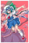  alternate_color ascot blue_eyes blue_hair cirno cosplay flandre_scarlet flandre_scarlet_(cosplay) full_body highres ice ice_wings izuna_nie mary_janes md5_mismatch shoes short_hair simple_background smile solo touhou wings zoom_layer 
