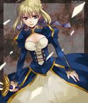  ahoge artoria_pendragon_(all) bad_id bad_pixiv_id blonde_hair breasts cleavage_cutout copyright_name dress excalibur fate/stay_night fate/zero fate_(series) green_eyes hair_ribbon medium_breasts puffy_sleeves ribbon saber solo sword weapon yukishie 