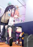  2girls absurdres ahoge alternate_costume arcade_cabinet aris_(blue_archive) bag bandaid bandaid_on_knee bandaid_on_leg black_hair black_skirt blue_archive blue_eyes brown_cardigan cardigan clothes_around_waist commentary_request front-to-back grin halo hand_on_another&#039;s_shoulder highres huge_ahoge indoors jacket jacket_around_waist long_hair miniskirt multiple_girls neru_(blue_archive) neru_(school_uniform)_(blue_archive) official_alternate_costume playing_games pointing red_eyes red_hair red_shoes school_bag shirt shoes sitting skirt smile sneakers tarasoisoos very_long_hair white_shirt 