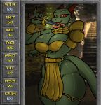 anthro argonian arm_under_breasts bethesda_game_studios big_breasts big_butt bracelet breast_squish breasts butt clothed clothing dagger daggerfall digital_media_(artwork) dugdog dungeon female gameplay_mechanics gold_(metal) gold_bracelet gold_jewelry golden_clothing hi_res holding_object holding_weapon jewelry knife licking_knife licking_object licking_weapon long_tongue looking_at_viewer melee_weapon microsoft red_eyes reptile scalie solo squish stats tail text the_elder_scrolls thick_thighs tongue tongue_out weapon