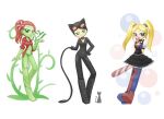  3girls animal_ears baseball_bat black_bodysuit black_skirt blonde_hair blowing_bubble_gum blue_boots blue_leggings bodysuit boots bubble cat cat_ears catwoman chewing_gum colored_skin dc_comics facing_viewer goggles goggles_on_head green_eyes green_panties green_skin harley_quinn howxu ivy leggings looking_at_viewer multiple_girls orange_hair panties plant poison_ivy ponytail red_boots red_leggings red_shirt shirt side-by-side skirt standing twintails underwear vines whip white_background 