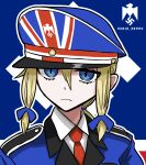  1girl armband armor artist_name blue_jacket blue_ribbon collared_shirt crossed_arms cynthia_watson flag hair_ribbon hat jacket koalakanru military_hat military_jacket necktie original pauldrons red_necktie reichsadler ribbon shirt shoulder_armor solo swastika union_jack upper_body white_shirt 