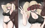  1boy 1girl :d absurdres after_fellatio black_nails black_panties black_sports_bra blacked_(phrase) blonde_hair blue_eyes blush breasts can&#039;t_see_the_haters_(meme) cleavage commission commissioner_upload cum cum_on_body cum_on_breasts cum_string dark-skinned_male dark_skin daruko536 earrings gradient_background heart height_difference hetero highres hoop_earrings huge_penis imminent_fellatio interracial jewelry large_breasts lipstick_mark lipstick_mark_on_penis lipstick_mark_on_testicles meme muscular muscular_male netorare open_mouth panties penis penis_awe penis_on_face penis_over_eyes persona persona_5 queen_of_spades_symbol saliva saliva_trail smile spade_(shape) sports_bra takamaki_anne textless_version twintails uncensored underwear v variant_set veins veiny_penis very_dark_skin wavy_hair 