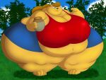 2025 4:3 4_fingers 4_toes absurd_res ambiguous_gender anthro arms_bent arthropod barefoot bear bee belly big_belly big_breasts bigwolf_(artist) black_nose black_stripes blue_bottomwear blue_clothing blue_shorts blue_sky blue_wings bottomwear breasts brown_hair chubby_cheeks cleavage clothed clothed_anthro clothed_female clothing cloud colored crop_top crossgender day digital_drawing_(artwork) digital_media_(artwork) disney dot_eyes double_chin english_description eyelashes fat_arms feet female female_anthro feral fingers food fully_clothed fully_clothed_anthro fully_clothed_female fur grass hair hi_res holding_pot honey_(food) honey_pot huge_breasts huge_thighs hymenopteran hyper hyper_thighs insect insect_wings larger_anthro larger_female light lighting long_hair mammal midriff morbidly_obese morbidly_obese_anthro morbidly_obese_female mtf_crossgender navel obese obese_anthro obese_female outside overweight overweight_anthro overweight_female plant pooh_bear red_clothing red_crop_top red_shirt red_topwear shaded shirt shorts simple_eyes size_difference sky smaller_ambiguous smaller_feral solo striped_body stripes thick_thighs toes topwear tree wings winnie_the_pooh_(franchise) yellow_body yellow_fur