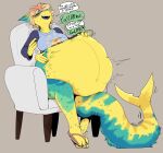 3_toes 4_fingers accessory ambiguous_gender ambiguous_prey anthro anthro_pred artist_name asking asking_another belly big_belly biped blue_body blue_clothing blue_scales blue_shirt blue_t-shirt blue_topwear blush blush_lines breasts carangiform chair clothing color_coded color_coded_speech_bubble colored english_text extended_sound_effect eyes_closed feet feet_together female female_pred fin fingers fish flower flower_accessory flower_in_hair footwear furniture glurk green_speech_bubble grey_background hair hair_accessory heart_after_text heart_font hi_res inky_entropy leg_markings linked_speech_bubble mahi-mahi marine markings muffled navel non-mammal_breasts non-mammal_navel on_chair orange_flower orange_hair patting_belly plant sandals scales shaded shirt shoes simple_background sitting sitting_on_chair solo sound_effect_variant sound_effects speech_bubble t-shirt tail tail_between_legs tail_fin tail_markings talking_to_another talking_to_prey teeth text thick_tail toes topwear vore vowelless vowelless_vocalization white_flower white_speech_bubble willing_prey yellow_body yellow_scales yes-no_question