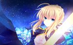  ahoge ajuvyrvosjfj artoria_pendragon_(all) blonde_hair blue_eyes dress fate/stay_night fate_(series) hair_ribbon highres ribbon saber solo sword weapon 