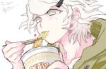  1boy blush chopsticks collarbone danganronpa_(series) danganronpa_2:_goodbye_despair eating food from_side green_jacket hair_ornament hairclip holding holding_chopsticks hood hood_down hooded_jacket instant_cup_noodles jacket komaeda_nagito male_focus messy_hair negitoroberry noodles oekaki pale_skin parted_bangs portrait short_hair small_sweatdrop solo translation_request wavy_hair white_hair yellow_eyes 