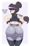 absurd_res alys_faiblesse_(zelripheth) anthro arm_tattoo arm_tuft big_breasts big_butt black_eyeshadow breasts butt camel_toe canid canine canis clothing domestic_dog english_text eyebrow_piercing eyeshadow facial_piercing female floppy_ears hi_res leggings legwear looking_at_viewer makeup mammal piercing poodle purple_eyes shirt simple_background solo standard_poodle tail tail_tuft talking_to_viewer tank_top tattoo text topwear tuft wide_hips wrist_tuft zelripheth