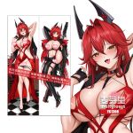  1girl antenna_hair areola_slip arm_up armpits bakugadou bare_legs between_breasts black_choker black_gloves black_horns black_jacket black_panties black_pants black_shoes blush breasts censored checkered_floor choker cleavage clothing_cutout commentary content_rating dakimakura_(medium) double-parted_bangs dress drooling fang fingerless_gloves full_body furrowed_brow gloves goddess_of_victory:_nikke gun hair_between_eyes hair_intakes heart heart_censor high_heels highres horns huge_weapon jacket jacket_on_shoulders knee_up large_breasts leg_cutout long_hair looking_at_viewer lying mechanical_horns merchandise_available multiple_views navel navel_cutout official_alternate_costume on_back open_clothes open_jacket open_mouth padded_jacket panties pants panty_pull red_dress red_hair red_hood_(nikke) red_hood_(nonsense_red)_(nikke) red_jacket red_scarf revealing_clothes rifle saliva scarf shoes sidelocks simple_background skin_fang skindentation sleeveless sleeveless_dress smile sniper_rifle standing strap_between_breasts suspenders thigh_strap thighs underbust underwear very_long_hair watermark weapon white_background wing228 yellow_eyes 