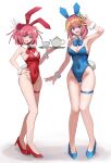  2girls :d absurdres alternate_costume animal_ear_hairband animal_ears armpits b4_(yonten) bare_legs bare_shoulders blue_bow blue_bowtie blue_eyes blue_headband blue_leotard blue_shoes bow bowtie breasts cleavage collar commentary_request covered_navel cup detached_collar doki_doki_literature_club fake_animal_ears fake_tail fang flower full_body hair_bow hair_flower hair_ornament hair_ribbon hairband hairclip hand_on_own_hip hand_up headband high_heels highres holding holding_tray knees leotard looking_at_viewer medium_breasts multiple_girls natsuki_(doki_doki_literature_club) no_panties open_mouth orange_hair partial_commentary playboy_bunny rabbit_ear_hairband rabbit_ears rabbit_tail red_bow red_bowtie red_headband red_leotard red_ribbon red_shoes ribbon sayori_(doki_doki_literature_club) shoes short_hair skin_fang small_breasts smile strapless strapless_leotard sunflower sunflower_hair_ornament tail teacup teapot thigh_strap thighs tray two_side_up v-shaped_eyebrows white_collar white_wrist_cuffs wrist_cuffs 