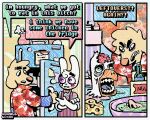 2_panel_comic aloha_shirt anthro appliance bingus_(rawdawgcomics) bird_dog bow_tie canid canine canis cheek_spots clothing dialogue domestic_dog duo english_text floppy_ears fridge fur golden_retriever gore half-closed_eyes humor hunting_dog kitchen_appliance lagomorph leporid male mammal narrowed_eyes overalls pattern_clothing pattern_shirt pattern_topwear rabbit rawdawgcomics retriever severed_body_part severed_head shirt speech_bubble stahli_(rawdawgcomics) teeth text tooth_gap topwear white_body white_fur wide_eyed yellow_body yellow_fur
