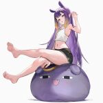  1girl :d bare_arms bare_legs barefoot between_legs black_shorts blue_eyes blunt_bangs center-flap_bangs crop_top dolphin_shorts feet flat_chest full_body gradient_hair hand_between_legs highres hololive hololive_english long_hair looking_at_viewer maru_ccy midriff mole mole_under_eye multicolored_hair navel ninomae_ina&#039;nis open_mouth orange_hair outstretched_legs pointy_ears purple_hair short_shorts shorts sidelocks simple_background sitting smile solo straight_hair takodachi_(ninomae_ina&#039;nis) tank_top tentacle_hair toes very_long_hair virtual_youtuber white_background white_tank_top 