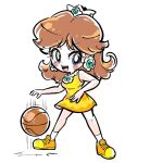  1girl ball basketball_(object) blue_eyes brown_hair cindysuke crown dress earrings flower_earrings jewelry long_hair mario_(series) open_mouth orange_dress orange_shoes princess_daisy princess_daisy_(hoops_3-on-3) shoes simple_background smile socks white_background white_socks 