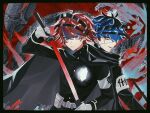  2boys :/ ahoge armband back-to-back belt belt_pouch black_border black_cape black_hair black_jacket black_pants blue_eyes blue_hair border buttons cape chinese_commentary closed_mouth commentary commentary_request earrings fa_(l1123881489) gakuran gloves highres holding holding_sword holding_weapon hole_in_chest hole_on_body jacket jewelry last_defense_academy_school_uniform long_sleeves male_focus multicolored_hair multiple_boys omokage_yugamu open_mouth pants pouch red_hair roots_(hair) school_uniform short_hair smile streaked_hair sumino_takumi sword symbol-only_commentary the_hundred_line_-last_defense_academy- two-tone_hair weapon white_armband white_belt white_gloves 