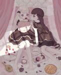 2girls alarm_clock back_bow black_bow black_dress black_flower black_hair black_nails black_rose bow cake clock commentary_request contrast_collar curusucururi donut dress feeding flower food fork fruit hair_bow hand_mirror highres holding holding_fork indoors lolita_fashion long_hair looking_at_object looking_at_viewer looking_down looking_to_the_side macaron mirror multiple_girls nail_polish on_bed original pantyhose petals pie pillow plate puffy_short_sleeves puffy_sleeves purple_eyes rose short_sleeves sitting strawberry strawberry_shortcake swept_bangs tray twintails twitter_username very_long_hair white_hair white_pantyhose window_shadow 