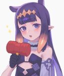  1girl absurdres black_dress black_gloves blue_eyes blunt_bangs breasts detached_sleeves diamond_hairband dress fang fur_collar gloves gradient_hair grey_sleeves hairband hammer highres holding holding_hammer holding_toy hololive hololive_english kiwwwwwi long_hair looking_at_viewer multicolored_hair ninomae_ina&#039;nis open_mouth orange_hair orange_hairband pointy_ears purple_hair simple_background single_detached_sleeve small_breasts solo sparkle strapless strapless_dress tentacle_hair toy toy_hammer tube_dress virtual_youtuber white_background 