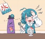  1girl ahoge blue_hair blue_vest blush brain_freeze closed_eyes commentary_request food highres holding holding_spoon karakasa_obake open_mouth purple_umbrella salt_(saltty) shaved_ice shirt short_hair solo spoon tatara_kogasa tongue touhou umbrella upper_body vest white_shirt window_blinds 