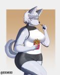 absurd_res anthro belly big_butt black_nose breasts butt canid canine canis clothing female food fries fur grey_body grey_fur hair hair_over_eyes hi_res mammal plus-sized_elf raika_(plus-sized_elf) slightly_chubby solo tail thick_thighs white_body white_fur wolf