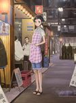  alley apron bad_id bad_pixiv_id banner black_hair brown_eyes brown_hair cable denim domo1220 fluorescent_lamp food_stand grate hair_ornament hairclip hands_in_pockets jeans lantern looking_at_viewer night nobori original pants pants_rolled_up paper_lantern road sandals scenery short_hair short_sleeves stall standing street vanishing_point 