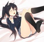  animal_ears bad_id bad_pixiv_id black_hair black_legwear blush brown_eyes cat_ears k-on! kneehighs kurasawa_moko long_hair lying nakano_azusa on_back one_eye_closed open_mouth panties school_uniform solo twintails underwear white_panties 