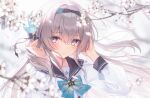  1girl azusa_(980650076) black_sailor_collar blush bow cherry_blossoms falling_petals firefly_(honkai:_star_rail) firefly_(spring_missive)_(honkai:_star_rail) green_bow grey_hair hair_between_eyes hair_ornament highres honkai:_star_rail honkai_(series) long_hair long_sleeves official_alternate_costume open_mouth petals pink_petals plaid_bow sailor_collar school_uniform shirt solo upper_body white_shirt 