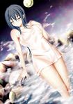  black_hair blush full_moon kuroe_hikage looking_at_viewer moon naked_towel night onsen original short_hair solo towel uro_(uroboros) yellow_eyes 