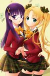  2girls bittersweet_(dalcoms) black_legwear blazer blonde_hair blush commentary_request glasses green_hair hair_ornament hairclip highres holding_hands interlocked_fingers jacket lips looking_at_viewer multiple_girls plaid plaid_skirt pleated_skirt purple_eyes purple_hair school_uniform skirt sword_girls thighhighs twintails zettai_ryouiki 