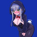  1girl alternate_costume black_hoodie black_leotard blue_hair blush breasts cleavage cross embarrassed english_commentary facepaint frown girls&#039;_frontline green_eyes hair_ornament hairclip highres hk416_(girls&#039;_frontline) hood hood_up hoodie iron_cross klukai_(girls&#039;_frontline_2) large_breasts leaning_forward leotard looking_at_viewer pantyhose papacat rabbit_tail solo strapless strapless_leotard tail teardrop thighs wavy_mouth 