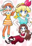  3girls absurdres black_shoes blonde_hair blue_eyes blue_shirt brown_hair dress earrings hair_ribbon hat heart heart_background highres jewelry mario_(series) mario_kart mario_kart_world multiple_girls orange_dress pauline_(mario) pink_ribbon princess_daisy princess_daisy_(vacation) princess_peach princess_peach_(sightseeing) rakugaki_shitagari-ya red_dress ribbon shirt shoes white_hat 