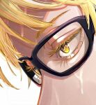  1boy blonde_hair commentary_request eye_focus eyelashes from_side glasses highres jujutsu_kaisen male_focus shiki_(shiki_no) short_hair simple_background solo sweat tsukishima_kei white_background yellow_eyes 