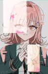  1girl commentary danganronpa_(series) danganronpa_2:_goodbye_despair danganronpa_3_(anime) eyelashes glitch grey_background medium_hair nanami_chiaki pink_eyes pink_hair shirt simple_background smile solo symbol-only_commentary upper_body white_shirt yeonju 