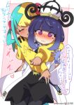  2girls @_@ black_dress black_pantyhose blonde_hair blue_nails blush bob_cut canari_(pokemon) closed_eyes closed_mouth coat commentary_request dark-skinned_female dark_skin dress eromame gloves green_hair gwynn_(pokemon) hat highres hug hug_from_behind jacket long_sleeves multicolored_hair multicolored_nails multiple_girls open_clothes open_coat open_mouth pantyhose partially_fingerless_gloves pokemon pokemon_legends:_z-a purple_eyes purple_hair speech_bubble split-color_hair sweatdrop translation_request twitter_username two-tone_hair two-tone_nails white_coat yellow_jacket yellow_nails yuri 