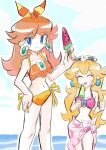 2girls absurdres bikini blonde_hair brown_hair closed_eyes earrings eyewear_on_head flower_earrings food hand_on_own_hip highres jewelry mario_(series) midriff multiple_girls orange_bikini pink_bikini popsicle princess_daisy princess_peach rakugaki_shitagari-ya swimsuit tongue tongue_out 